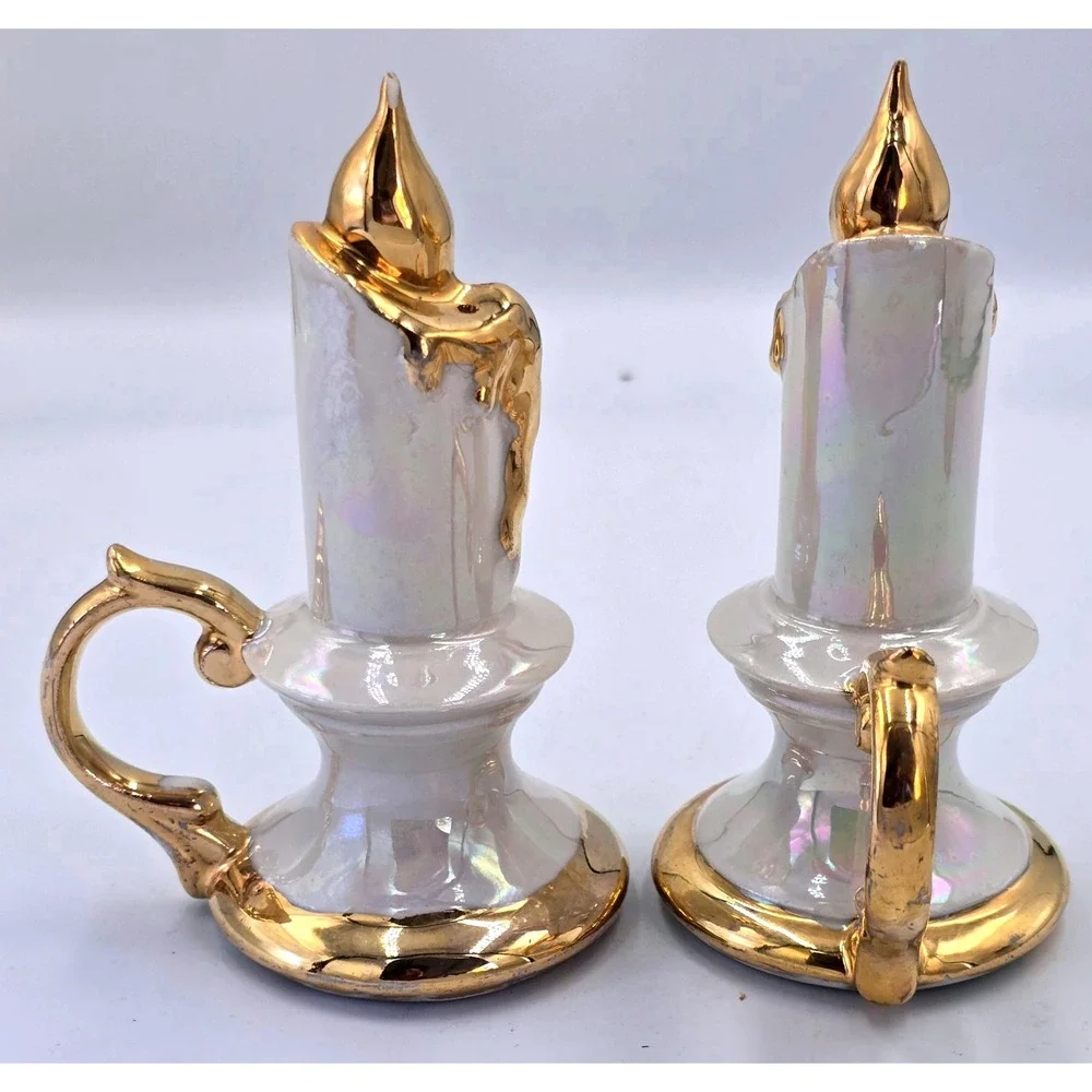 Vintage Ceramic Candle Shaped Salt & Pepper Shakers Gold Drip Accent Set of 2‎